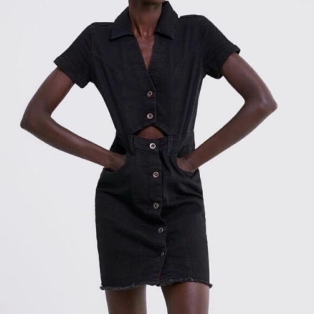 Zara Black Denim Button Up Overalls Mini Dress Country Western Rodeo Goth Y2K XS
